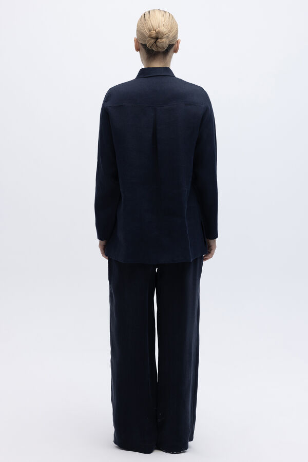 Beli Lastikli Bol Paça Keten Pantolon Lacivert - 3