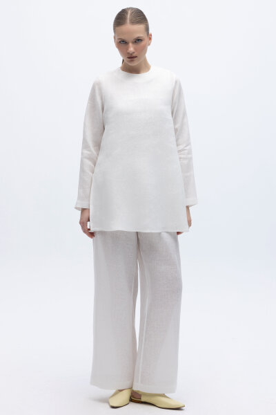 Beli Lastikli Bol Paça Keten Pantolon Ekru 