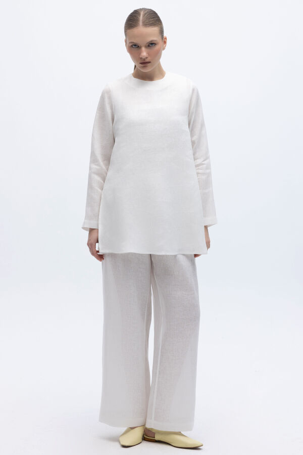 Beli Lastikli Bol Paça Keten Pantolon Ekru - 1