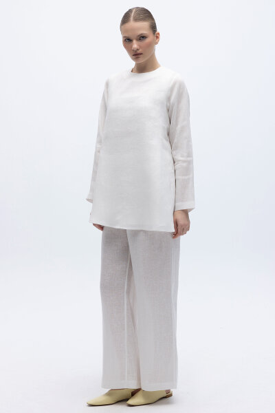 Beli Lastikli Bol Paça Keten Pantolon Ekru - MISS DALIDA (1)