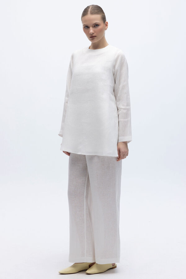 Beli Lastikli Bol Paça Keten Pantolon Ekru - 2