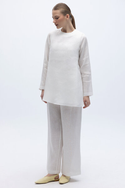 Beli Lastikli Bol Paça Keten Pantolon Ekru - 3