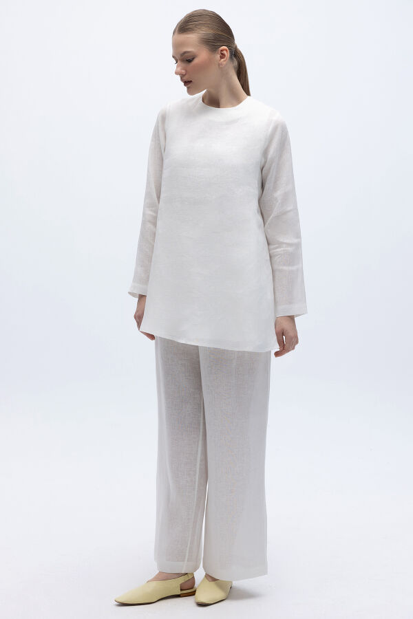 Beli Lastikli Bol Paça Keten Pantolon Ekru - 3