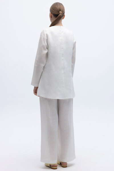 Beli Lastikli Bol Paça Keten Pantolon Ekru - 4