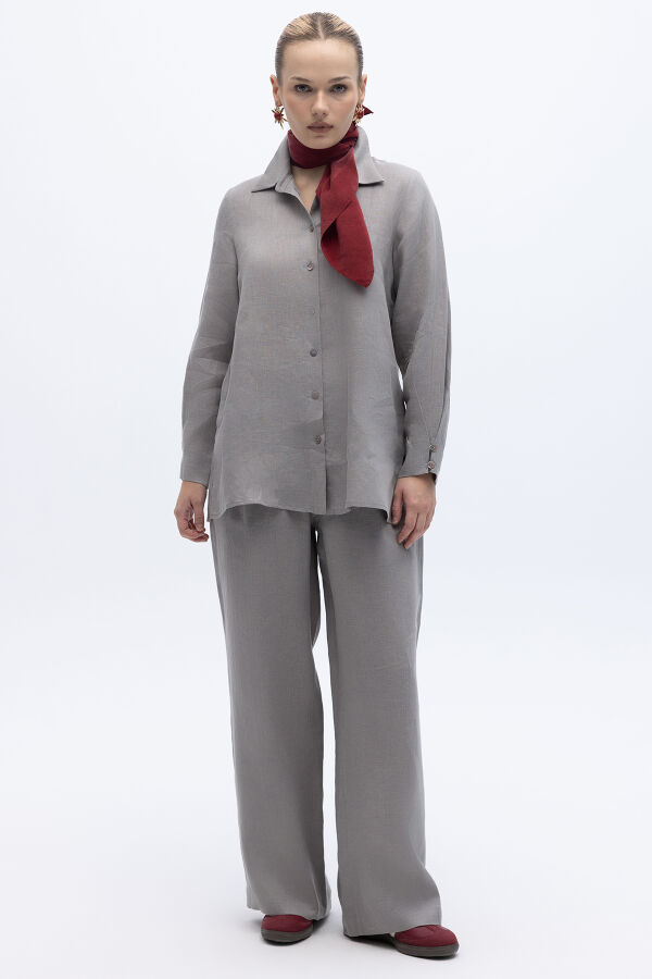 Beli Lastikli Bol Paça Keten Pantolon Gri - 3