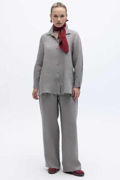 Beli Lastikli Bol Paça Keten Pantolon Gri - 3