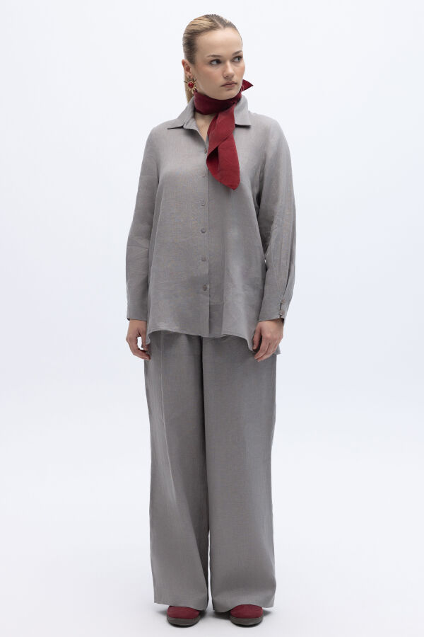 Beli Lastikli Bol Paça Keten Pantolon Gri - 4