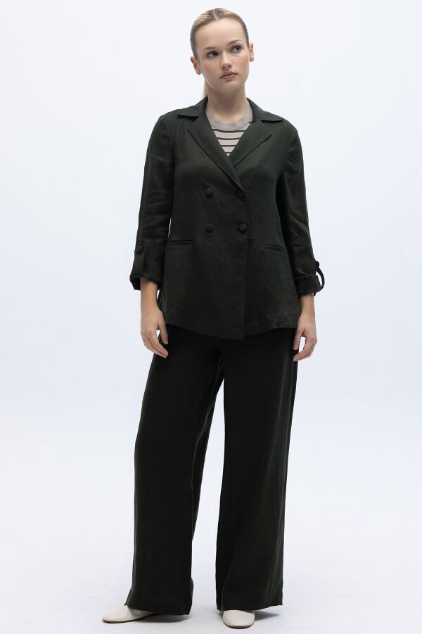 Beli Lastikli Bol Paça Keten Pantolon Haki - 1