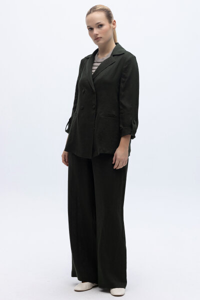 Beli Lastikli Bol Paça Keten Pantolon Haki - 2