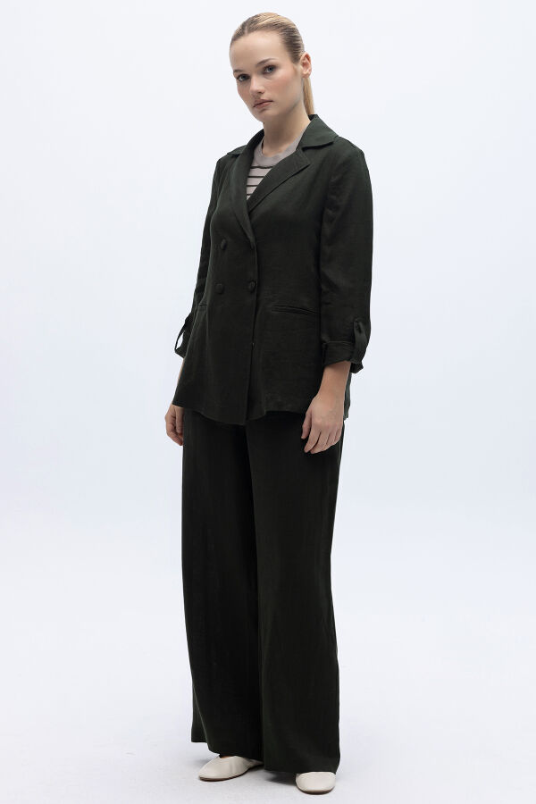 Beli Lastikli Bol Paça Keten Pantolon Haki - 2