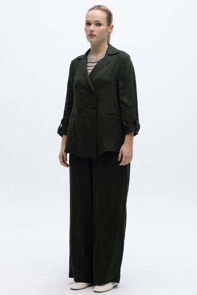 Beli Lastikli Bol Paça Keten Pantolon Haki - 3