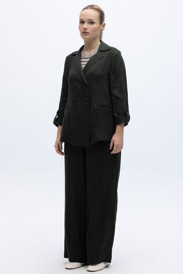 Beli Lastikli Bol Paça Keten Pantolon Haki - 3