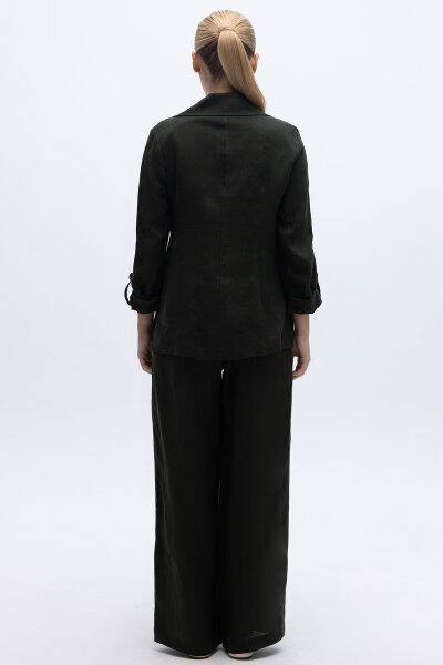 Beli Lastikli Bol Paça Keten Pantolon Haki - 5