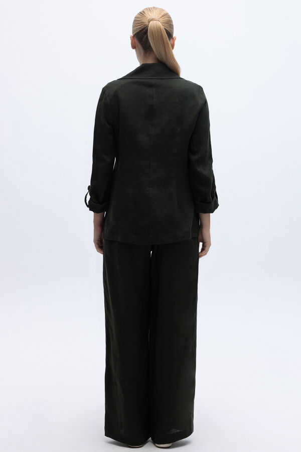 Beli Lastikli Bol Paça Keten Pantolon Haki - 5