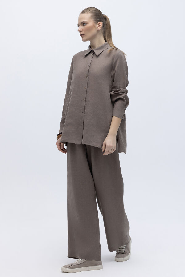 Beli Lastikli Bol Paça Keten Pantolon Mink - 2