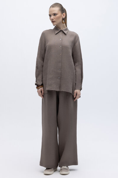 Beli Lastikli Bol Paça Keten Pantolon Mink 