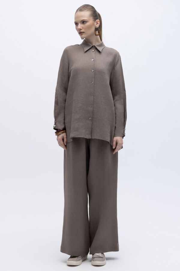 Beli Lastikli Bol Paça Keten Pantolon Mink - 1