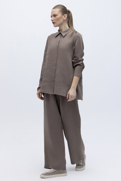 Beli Lastikli Bol Paça Keten Pantolon Mink - 2