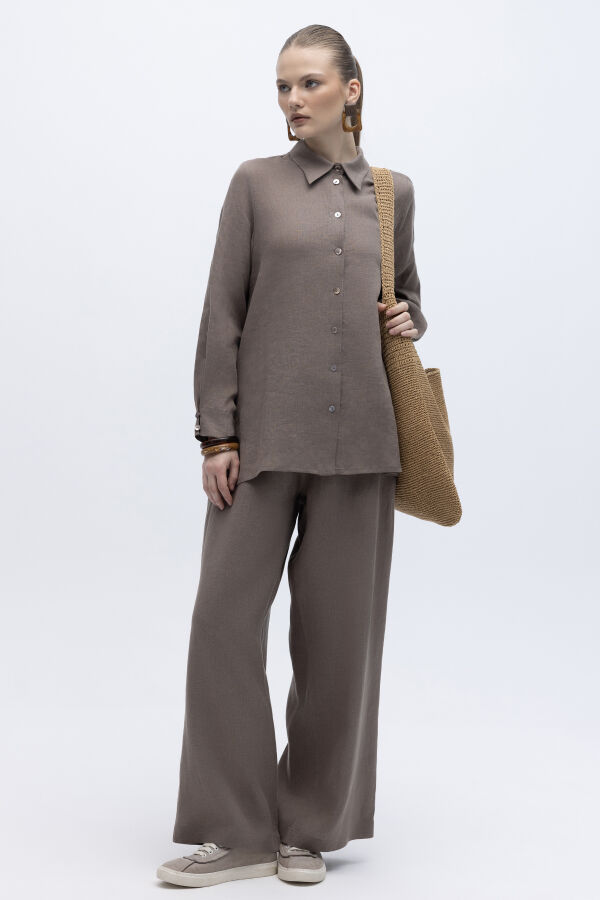 Beli Lastikli Bol Paça Keten Pantolon Mink - 4