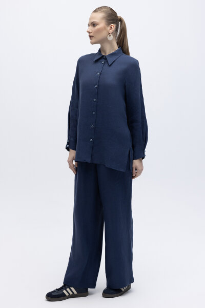 Beli Lastikli Bol Paça Keten Pantolon Navy 