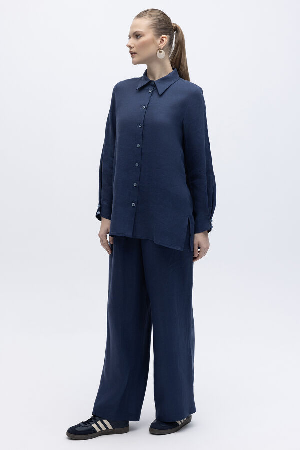 Beli Lastikli Bol Paça Keten Pantolon Navy - 1