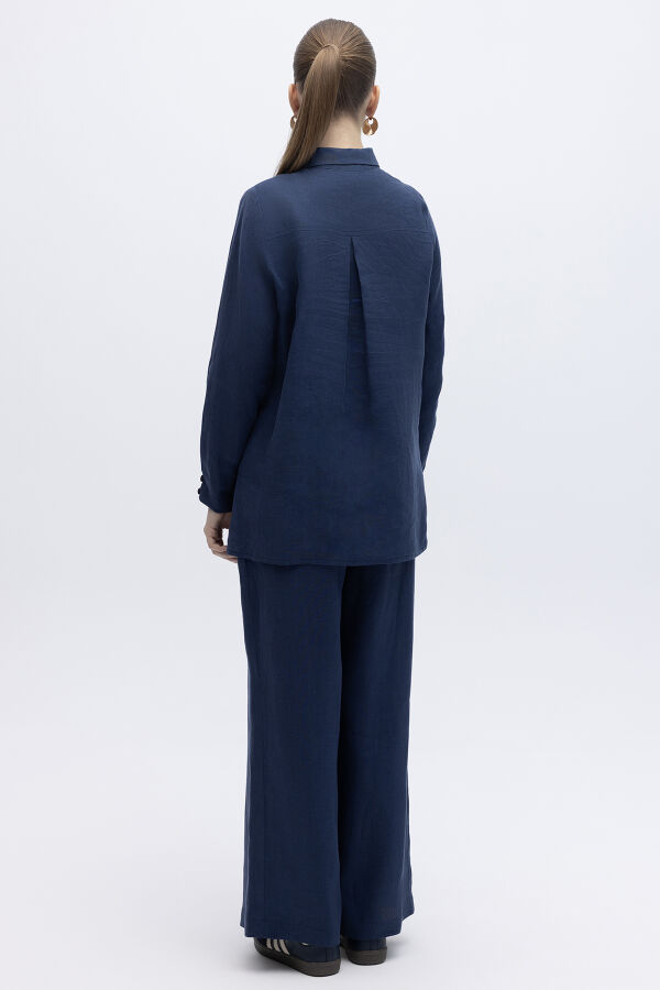 Beli Lastikli Bol Paça Keten Pantolon Navy - 2