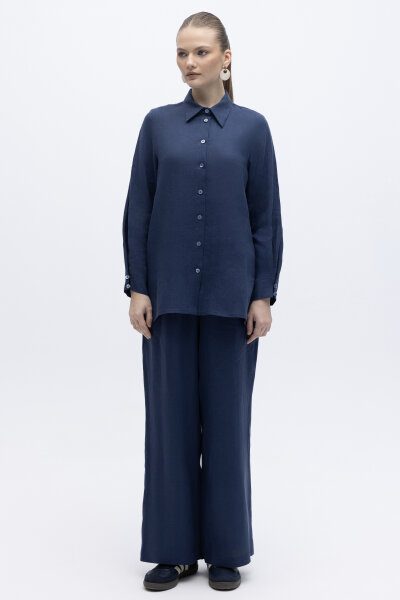 Beli Lastikli Bol Paça Keten Pantolon Navy - 3