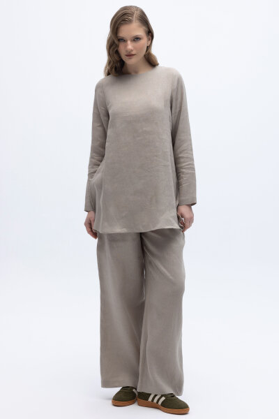 Beli Lastikli Bol Paça Keten Pantolon Stone - 1