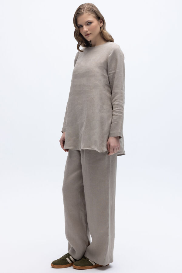 Beli Lastikli Bol Paça Keten Pantolon Stone - 2