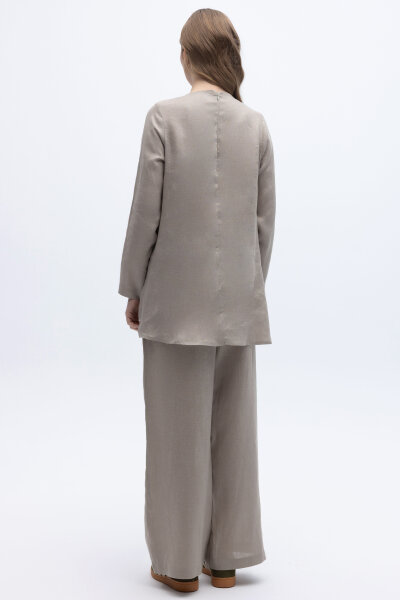 Beli Lastikli Bol Paça Keten Pantolon Stone - 3