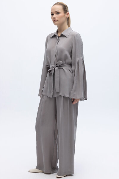 Beli Triko Korsajlı Bol Paça Cupro Pantolon Gri - 1