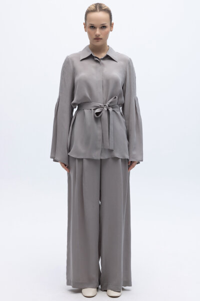 Beli Triko Korsajlı Bol Paça Cupro Pantolon Gri - 3