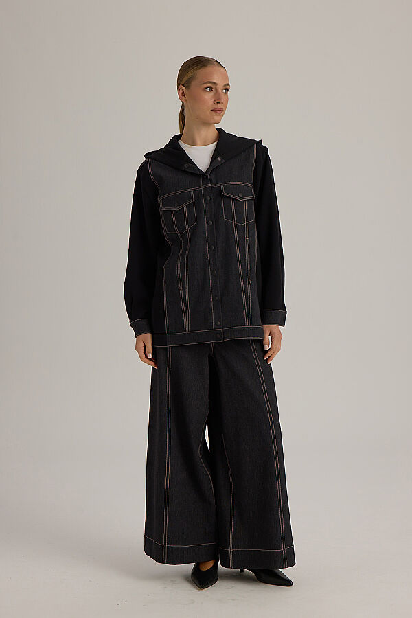  Belirgin Dikişli Geni Paça Denim Pantolon Siyah - 2