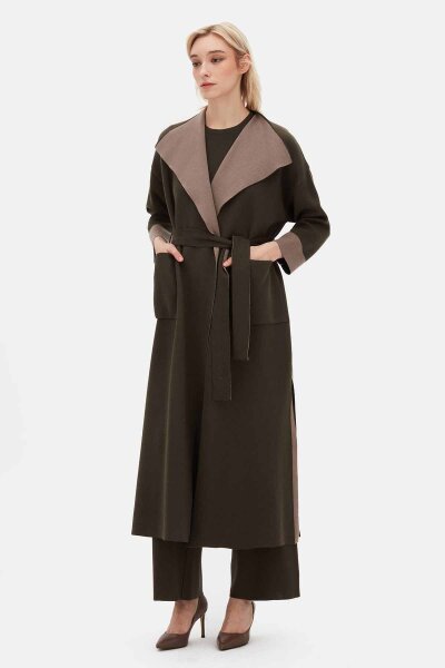 Belted Shawl Collar Brown Cardigan 