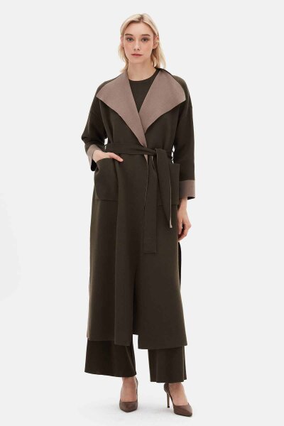 Belted Shawl Collar Brown Cardigan - 3