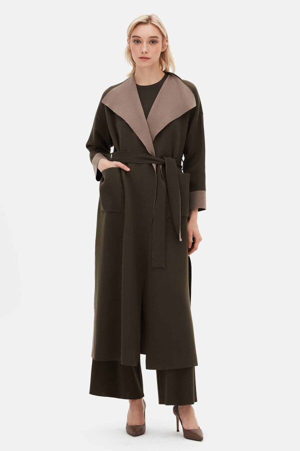 Belted Shawl Collar Brown Cardigan - 3