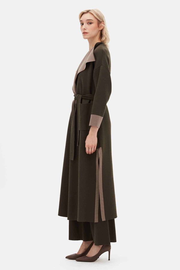 Belted Shawl Collar Brown Cardigan - 5