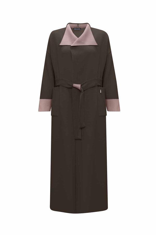 Belted Shawl Collar Brown Cardigan - 2