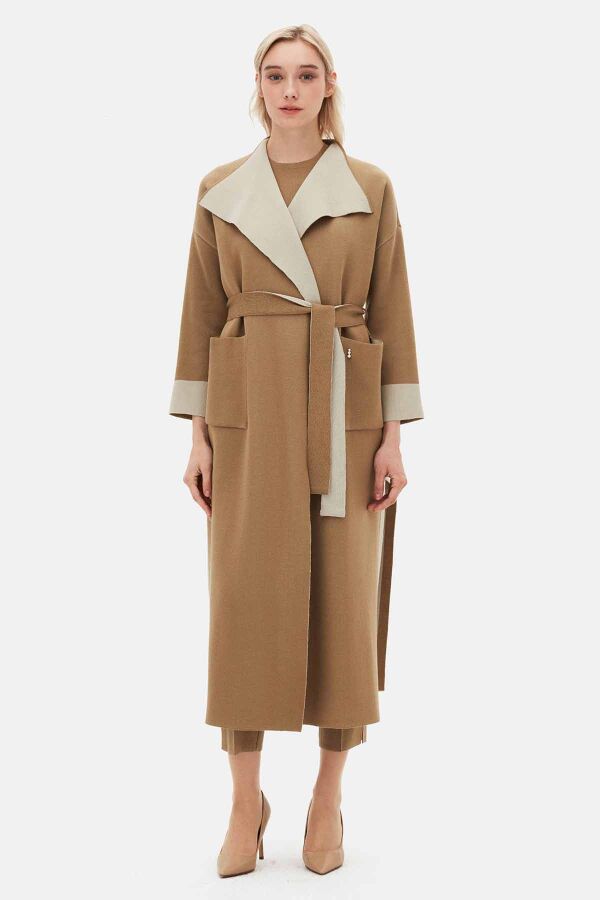 Belted Shawl Collar Cardigan in Camel - 1