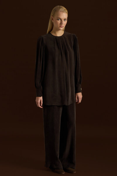 Bileği Büzgülü Balon Kollu Cupro Tunik Kahverengi - MISS DALIDA