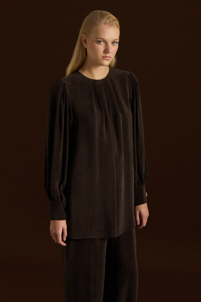 Bileği Büzgülü Balon Kollu Cupro Tunik Kahverengi - MISS DALIDA (1)