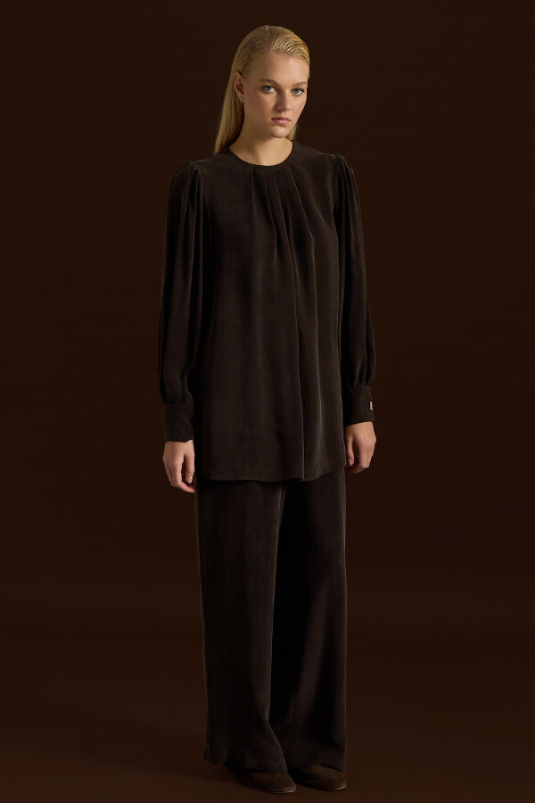 Bileği Büzgülü Balon Kollu Cupro Tunik Kahverengi - 1