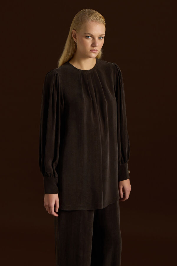 Bileği Büzgülü Balon Kollu Cupro Tunik Kahverengi - 2