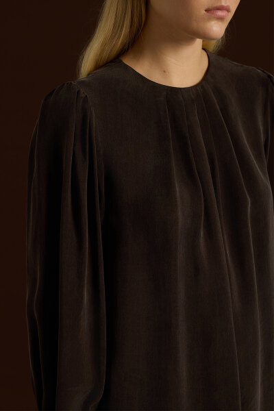 Bileği Büzgülü Balon Kollu Cupro Tunik Kahverengi - 3