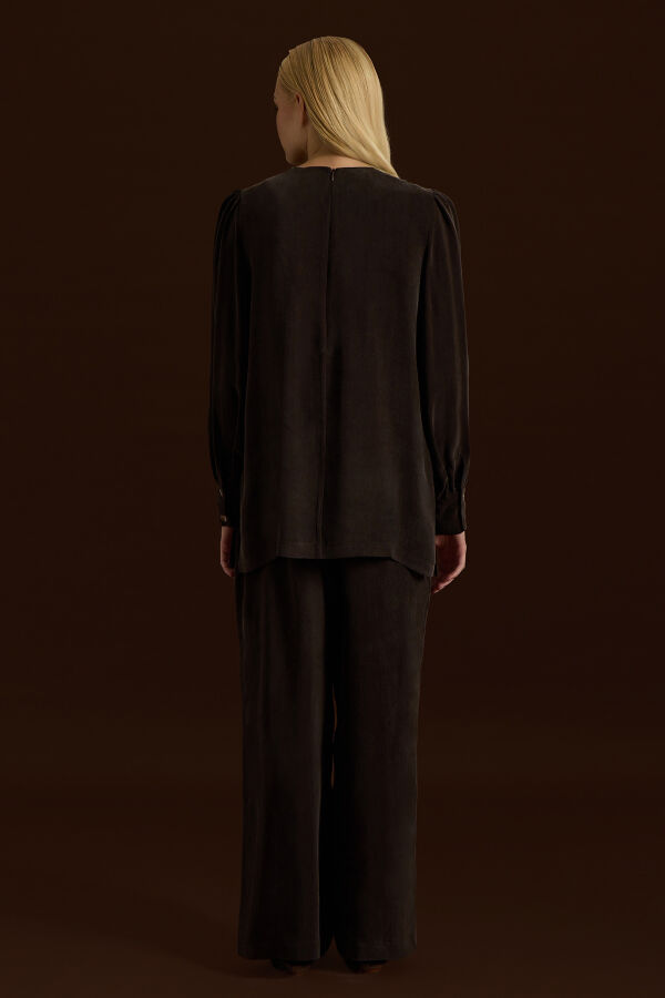 Bileği Büzgülü Balon Kollu Cupro Tunik Kahverengi - 4