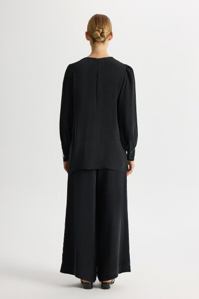 Bileği Büzgülü Balon Kollu Cupro Tunik Siyah - 2