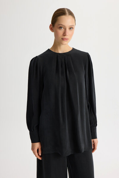 Bileği Büzgülü Balon Kollu Cupro Tunik Siyah 