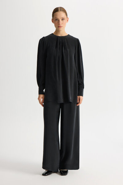 Bileği Büzgülü Balon Kollu Cupro Tunik Siyah - 3