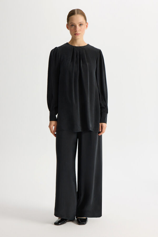 Bileği Büzgülü Balon Kollu Cupro Tunik Siyah - 3