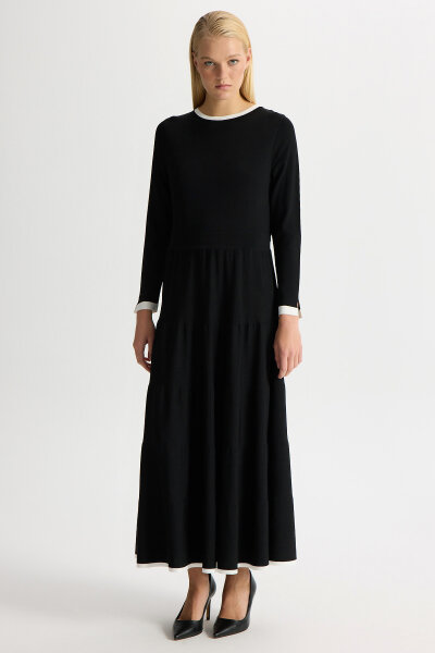 Biyesi Renkli Triko Elbise Siyah - 4